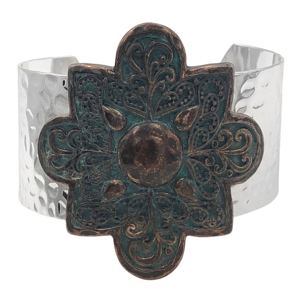 Green Patina Copper Medallion Silver Rustic Cuff Bracelet - Picture 1 of 3